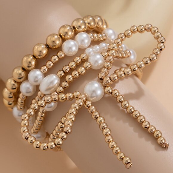 B262 Gold Bow Knot Pearl Beaded Multi Layered Bracelet Set - Picture 5 of 5
